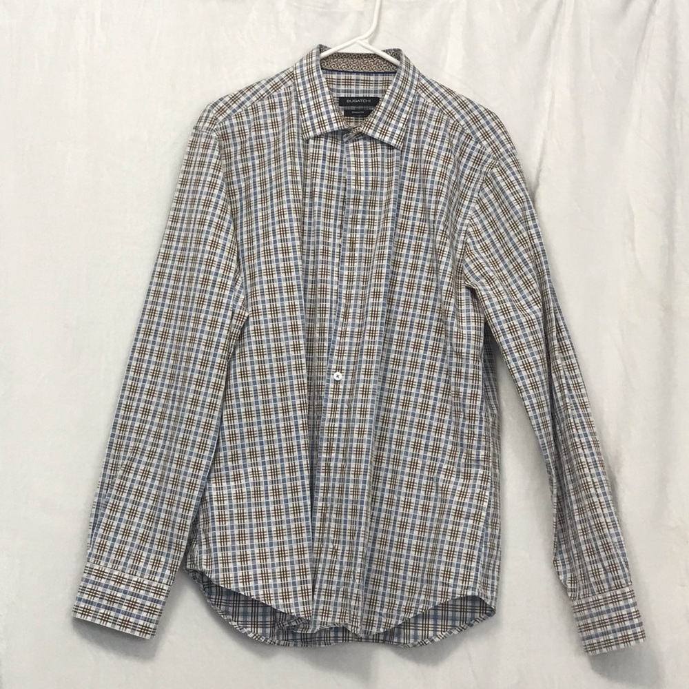 Bugatchi Casual Button Down. Brown/Blue/White Pla… - image 1